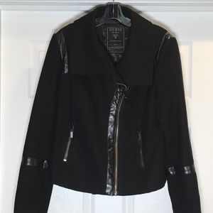 Guess Black Wool/Leather Moto-Zip Coat